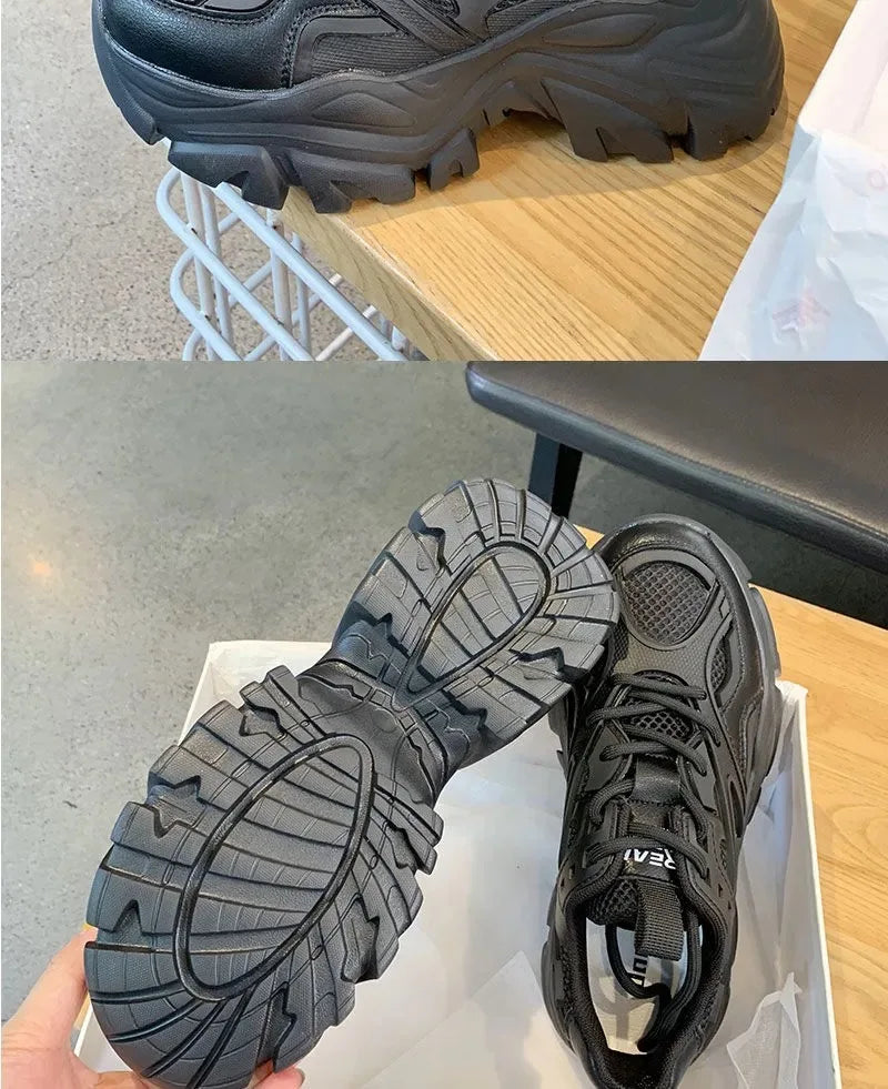 Women New Fashion Platform Sport Shoes Women 2024 New Summer Black Casual Chunky Sneakers Women Mesh Leather Platform Shoes Pi-Mart