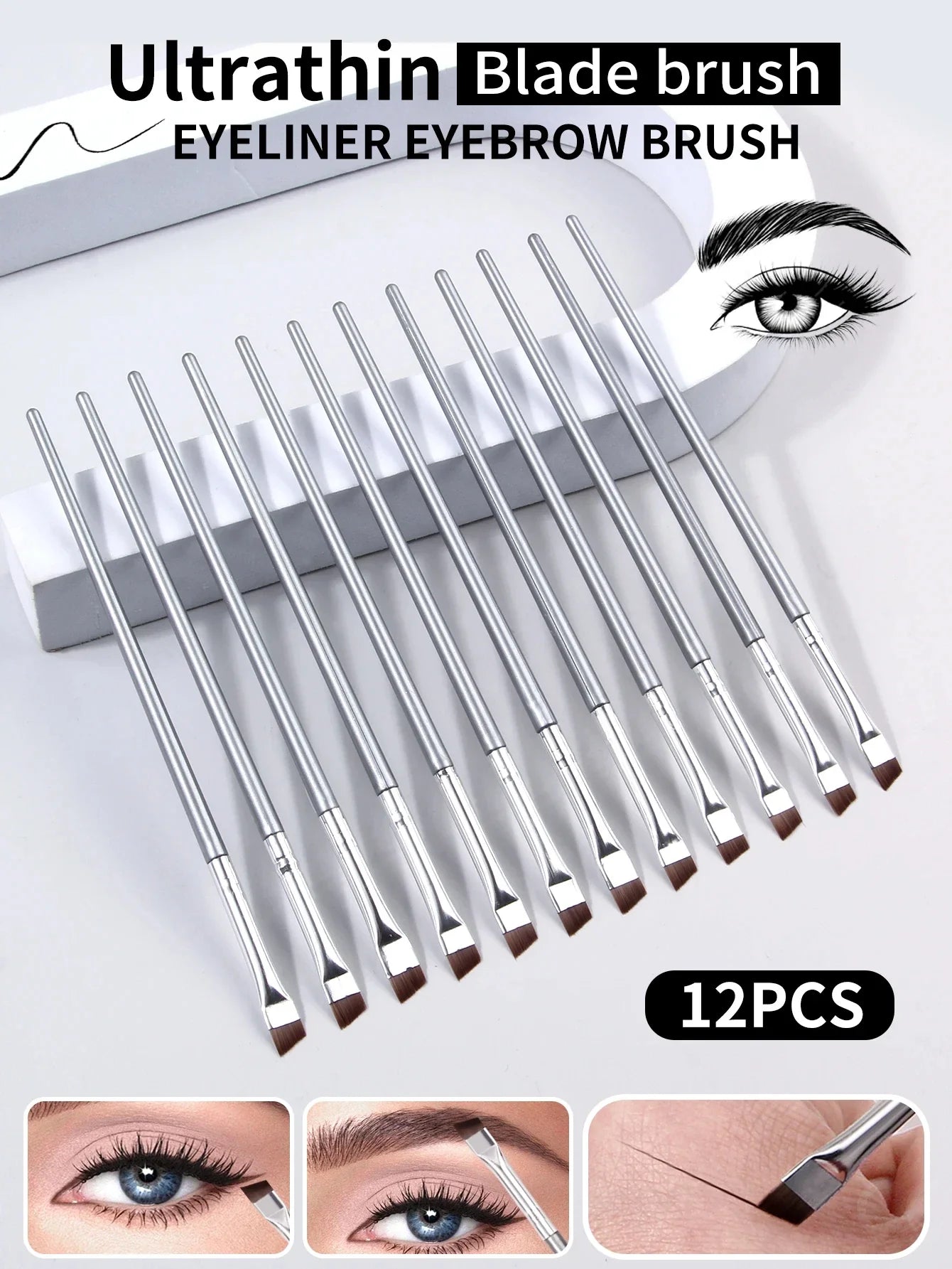 12pcs silvery Super Thin Blade Eyeliner Brush & Soft Makeup Brush Set, Portable Eyebrow Brush & Multipurpose Cosmetic Tool Tri Light Beauty