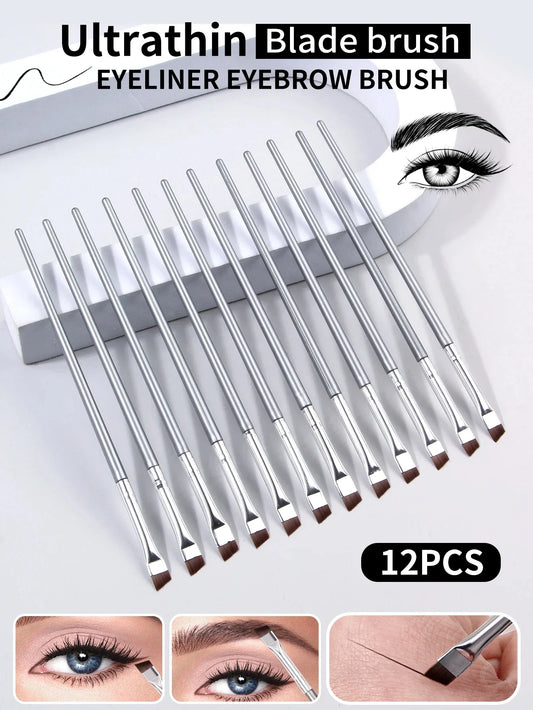12pcs silvery Super Thin Blade Eyeliner Brush & Soft Makeup Brush Set, Portable Eyebrow Brush & Multipurpose Cosmetic Tool Tri Light Beauty