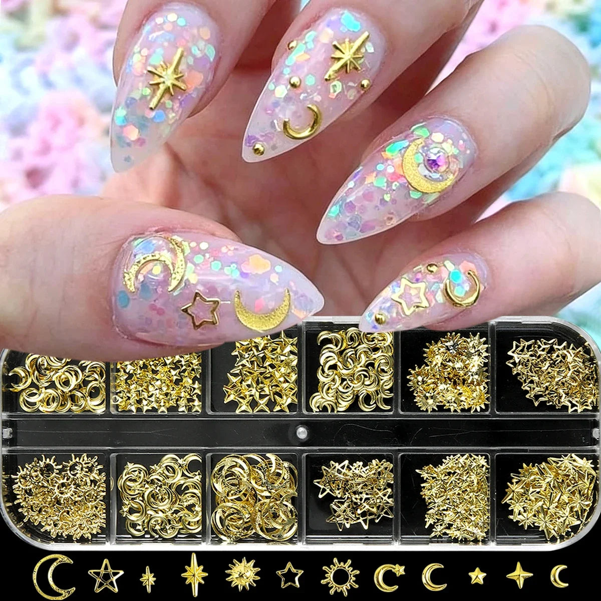 6/12Grids Gold Star Moon Metallic Rivet 3D Nail Charms Alloy Sun Moon Starlight Rhinestones Nail Studs For Nail Art Decoration Pi-Mart