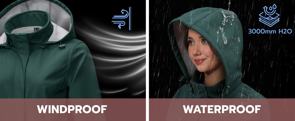 TACVASEN Women's Long Hooded Jacket Fleece Lined Softshell Jacket Waterproof Windproof Hiking Jacket Rain Coat Windbreaker Parka Pi-Mart