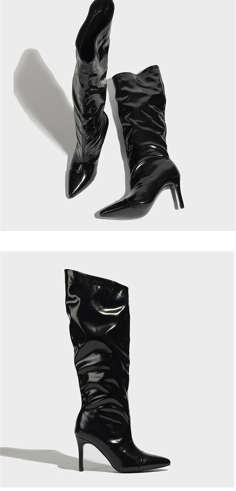 Liyke Fashion Runway Pleated Patent Leather Boots Female Pointed Toe Stiletto Heels Pumps Autumn Winter Knee High Shoes Women Pi-Mart
