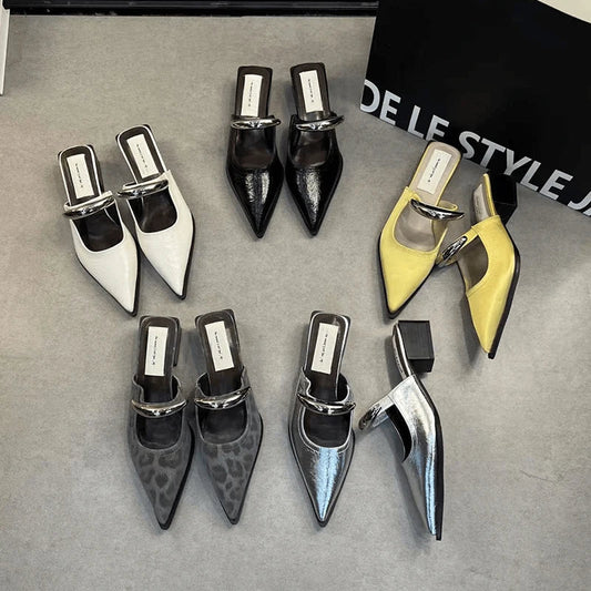 Summer Women Cover Toe Mules Slippers Fashion Metal Decoration Thick Heel Slide Shoes Comfort Street Style Footwear LadyShow.Store