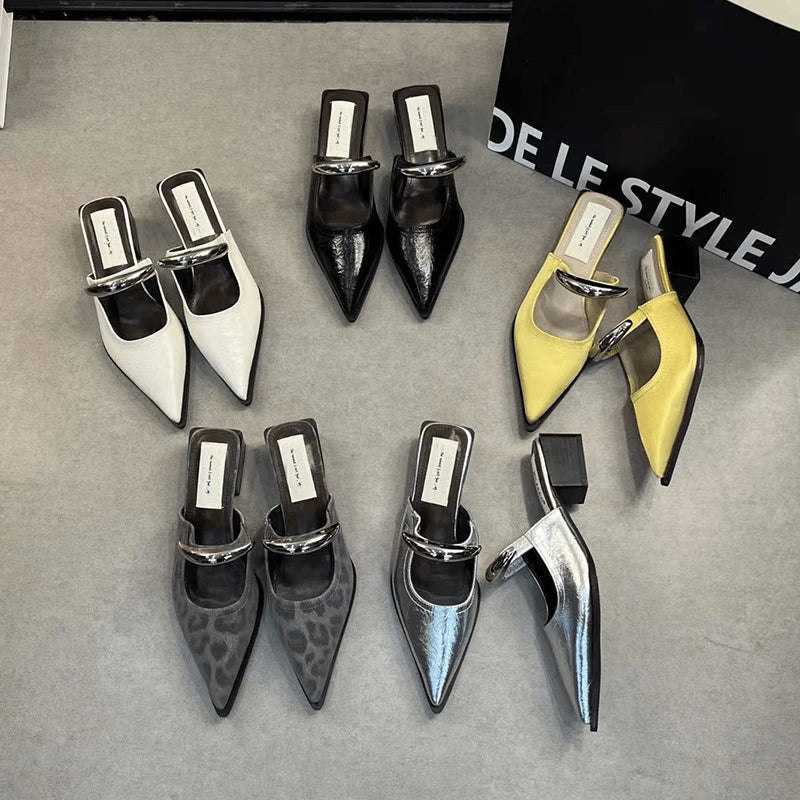 Summer Women Cover Toe Mules Slippers Fashion Metal Decoration Thick Heel Slide Shoes Comfort Street Style Footwear LadyShow.Store