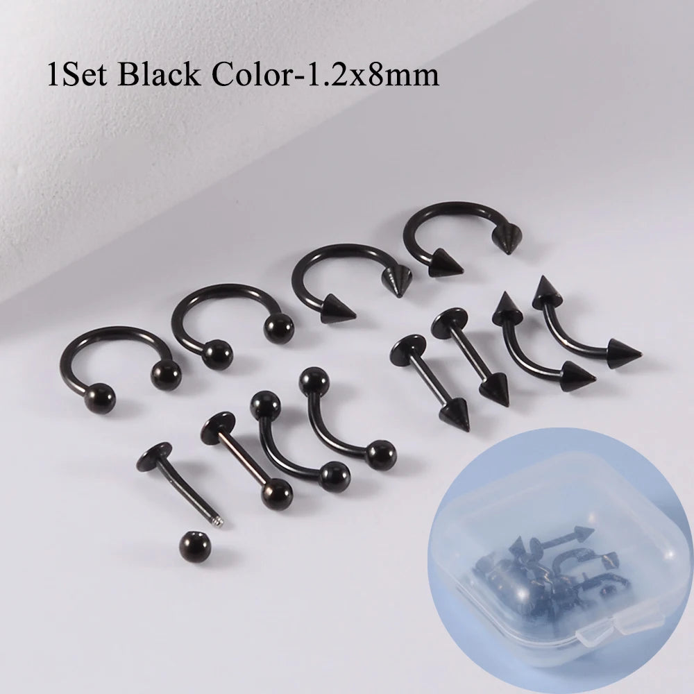 12pcs/Set Surgical Steel Silver Color Gold Plated Black Rainbow Ear Nose Eyebrow Labret Basic Piercing Jewelry Set 8mm Pi-Mart