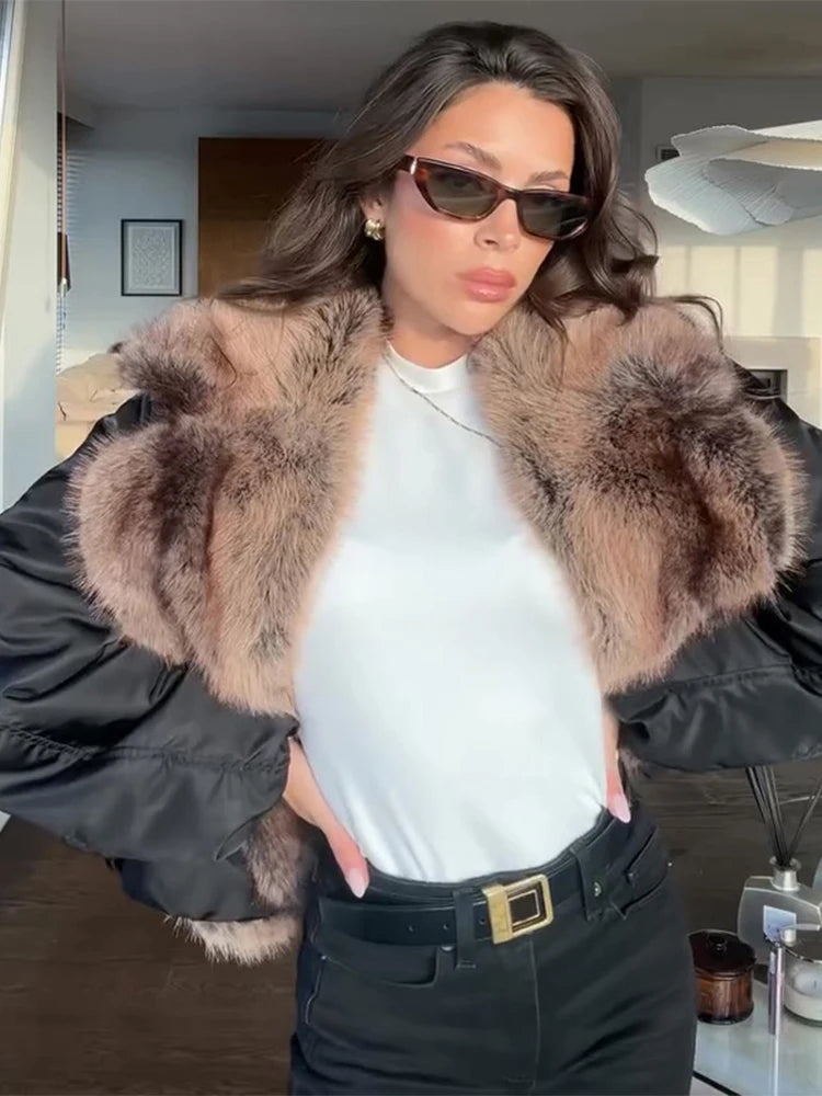 Fashion Faux Fur Patchwork Cotton Coat Women Lapel Zipper Pocket Cropped Street Warm Jacket 2026 Winter Lady Puffer Jackets New Pi-Mart