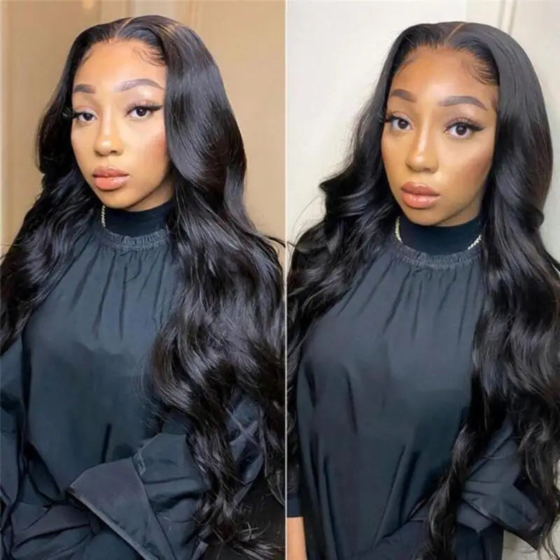 Natural Black Body Wave Remy Human Hair Wigs Lace Front Wig Pre Plucked Hairline 180% Density HD Transparent Lace Frontal Wig LadyShow.Store