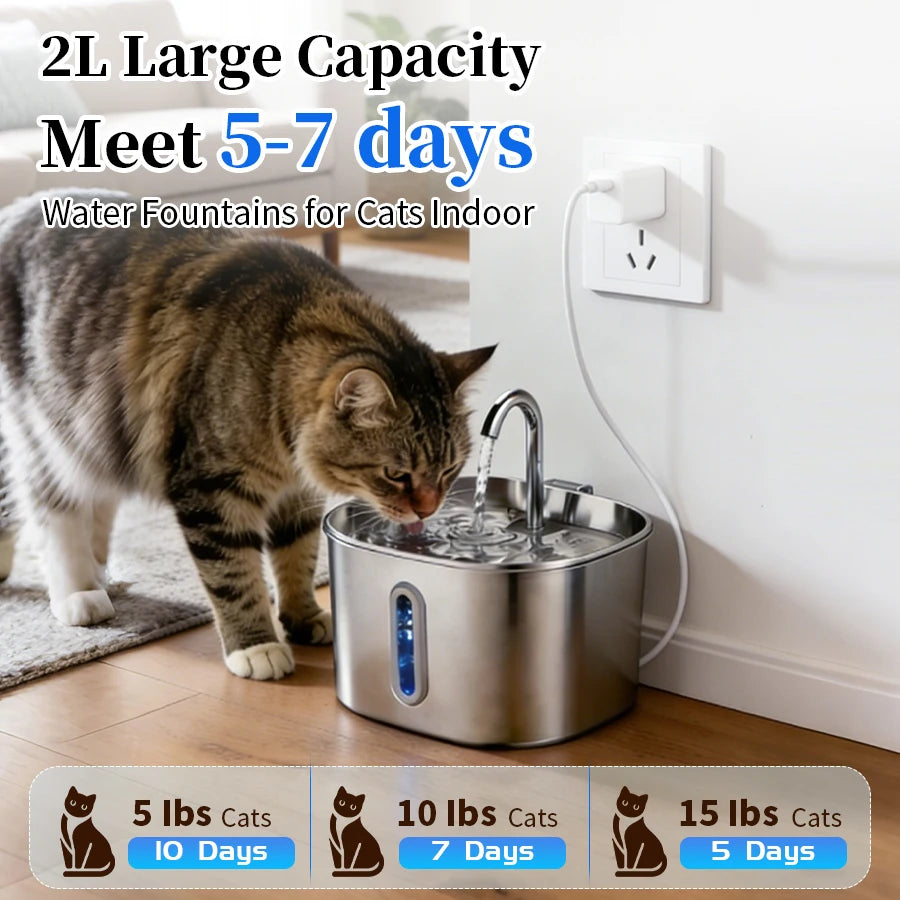 Large Capacity Cat Water Fountain Stainless Steel Automatic Pet Drinking Fountain for Indoor Cats Dogs Quiet Cat Water Dispener Pi-Mart