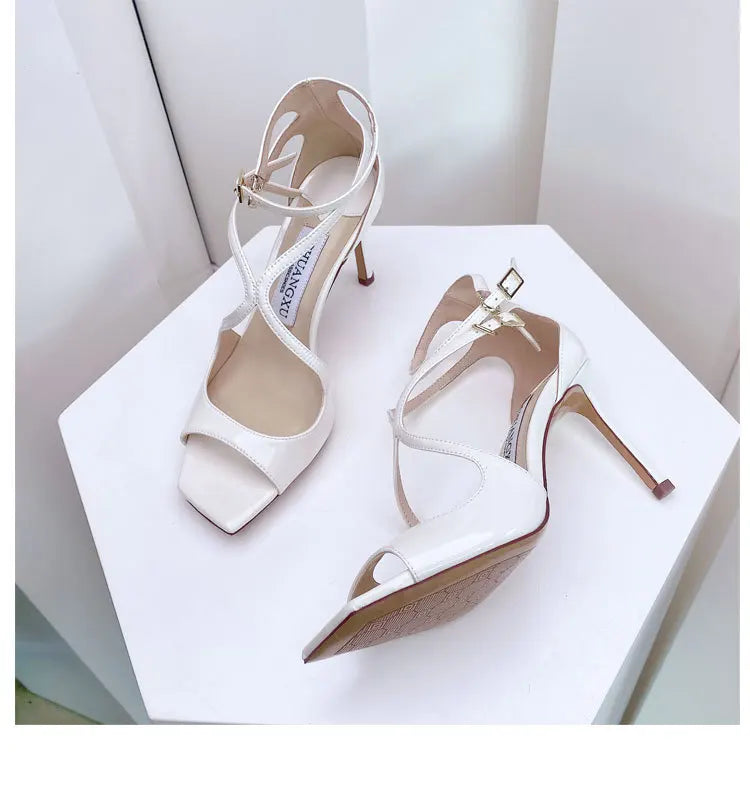 Luxury Sequined Women Gladiator Sandals Summer Designer Shoes for Women 2026 Square Head Hollow High Heels Fashion Ladies Shoes Pi-Mart