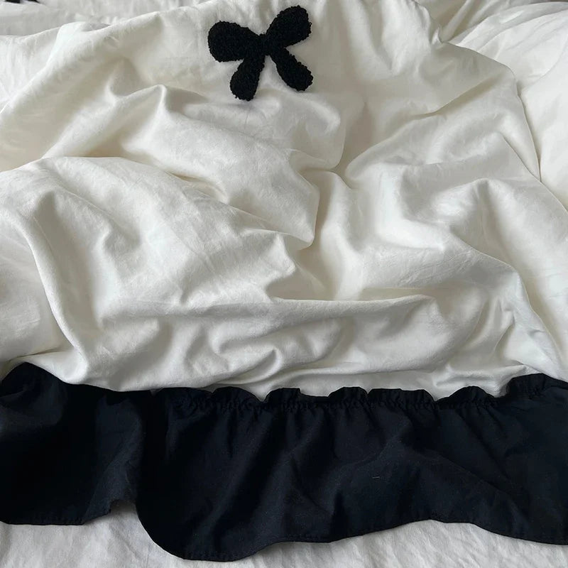 Black Bow Cotton Bedding Set, Princess Style Cute Girl Skin Friendly Soft Duvet Cover, Bed Sheet or Bed Skirt Pillowcase Pi-Mart