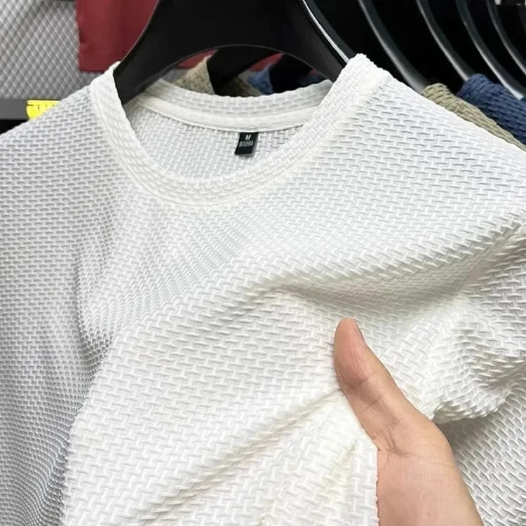Men's Short Sleeve Mesh Bamboo Ice Silk T-shirt Casual Versatile Summer Elastic Slimming Top for Men Pi-Mart