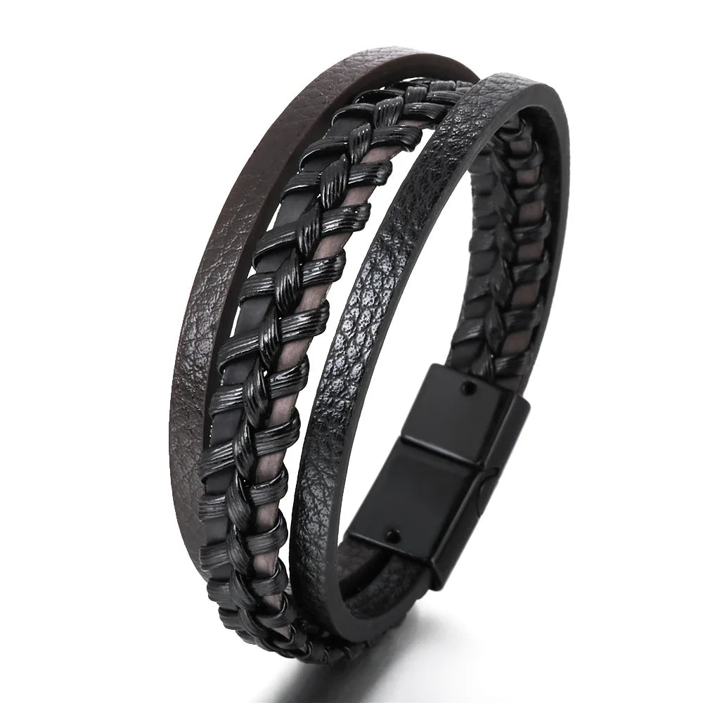 Trendy Leather Bracelets For Men Stainless Steel Bracelet 21CM Multilayer Braided Rope Bracelets for Male Jewelry Gifts Pi-Mart