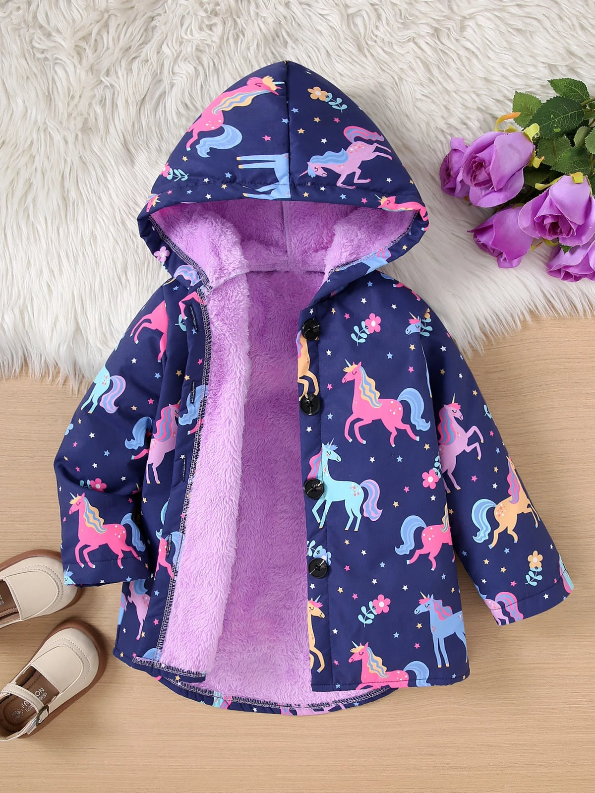 Autumn/Winter Fleece Warm And Cold Proof Girls' Colorful Printed Hooded Jacket For Casual Outings Medium To Long Length Jacket Pi-Mart
