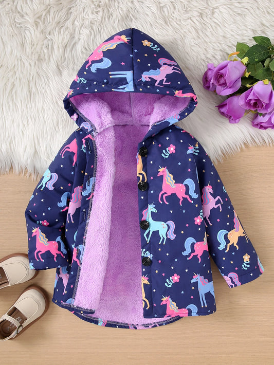 Autumn/Winter Fleece Warm And Cold Proof Girls' Colorful Printed Hooded Jacket For Casual Outings Medium To Long Length Jacket Pi-Mart