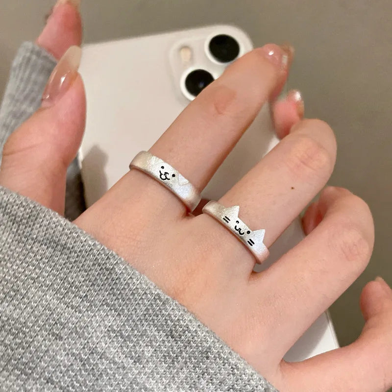 2pcs Simple Design Cute Cat Dog Animal Adjustable Couple Ring for Women Men Cartoon Fashion Couple  Friends Rings Jewelry Gifts Pi-Mart