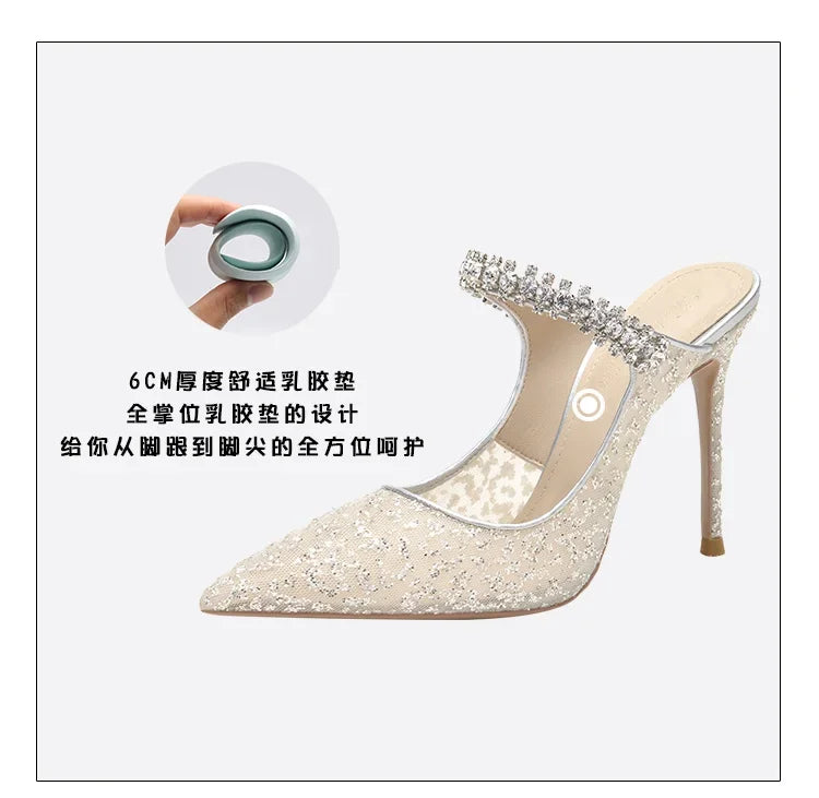 New Fashionable Thin Heel Pointed Water Diamond Mesh Hollow Sandals with Design Sense Half Dragged Muller Shoes ForOuterwear Pi-Mart