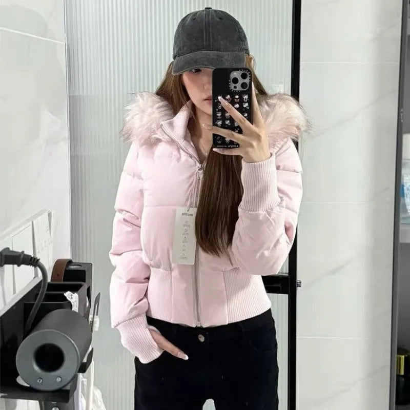 Autumn Winter Fur Collar Hooded Cropped Puffer Jacket Women's Warm Cotton Padded Jacket Short Top Windproof Coat Y2K High Waist LadyShow.Store