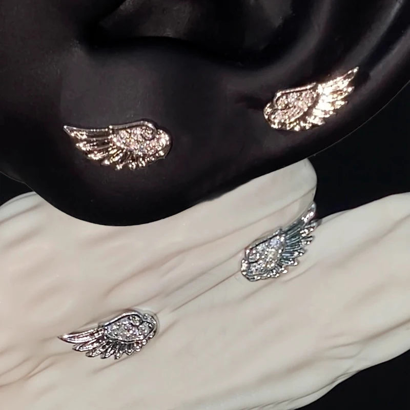 Fashion Zircon Wing Stud Earrings for Women Luxury Shiny Crystal Creative Angel Wings Cross Silver Color Ear Studs Jewelry Gifts Pi-Mart