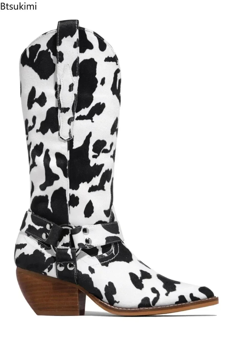 New 2026 Women's Western Cowboy Boots Flock Cow Print Chunky Heel Pointer Toe Western Boots Casual Female Boots Botas Femininas Pi-Mart