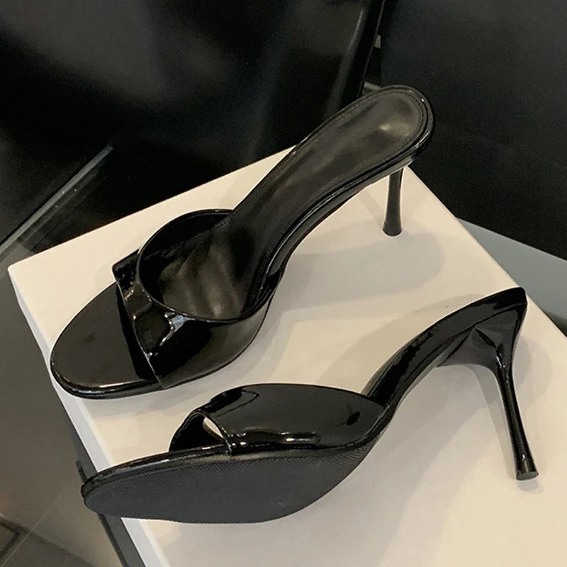 Liyke Wine Red Patent Leather Women Slippers Sandals Fashion Round Open Toe Thin High Heels Mules Slides Summer Party Dress Shoe LadyShow.Store