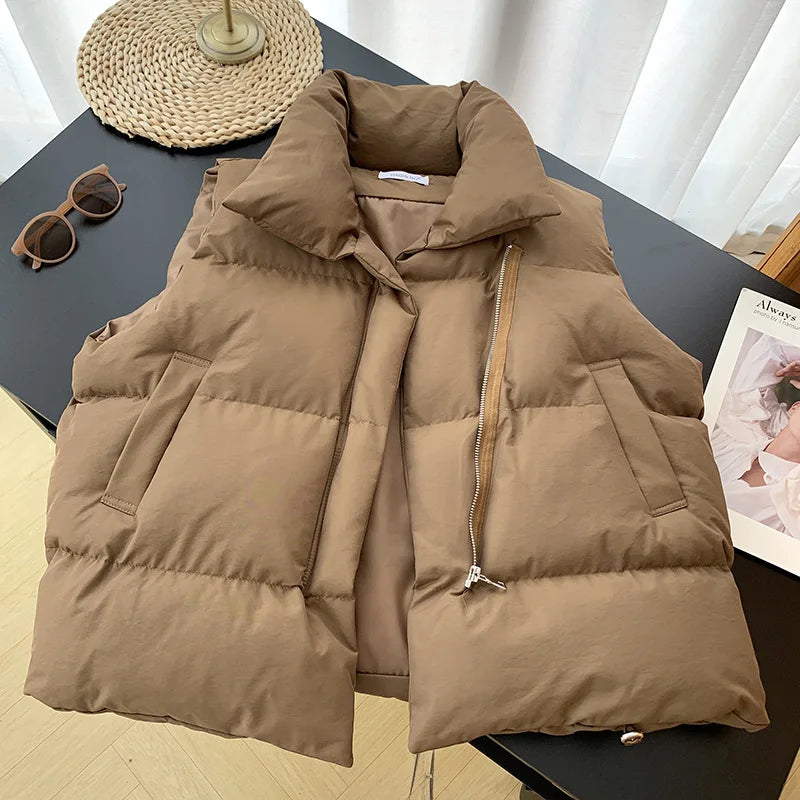 Women Fashion Autumn New 2024 Stand Collar Elegant Down Coats Warm Outerwear Casual Belt Sleeveless Winter Women Vests Jackets LadyShow.Store