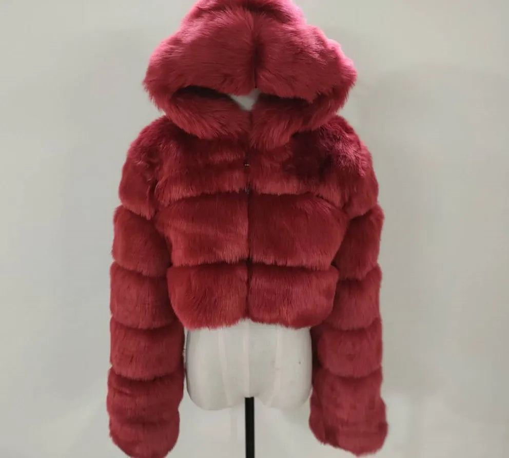 High Quality Furry Cropped Faux Fur Coats Jackets Women Fluffy Top With Hooded Winter Fur Jackets Fourrure Manteau Femme JH137 Pi-Mart