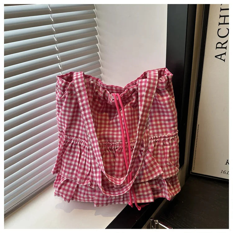 Large Capaci Cute Plaid Cotton Tote Bag  Lace Trim Women's Summer 2025 Simple Lady Handbag Soft Shoulder Bags Bolsa Feminina Pi-Mart