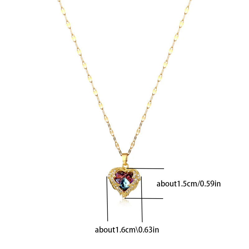 Top Luxury Colorful Crystal Ocean Heart Pendant Necklace For Women Trendy 316L Stainless Steel Jewelry Female Wedding Neck Chain Pi-Mart