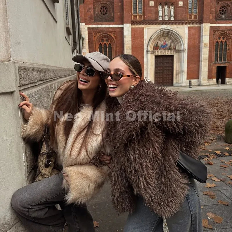 Neo Mint 2025 Winter Lulicore Fashion Brown Faux Fur Coat Women Chic Autumn Warm Fluffy Sheep Fur Jacket Big Fur Collar Overcoat LadyShow.Store