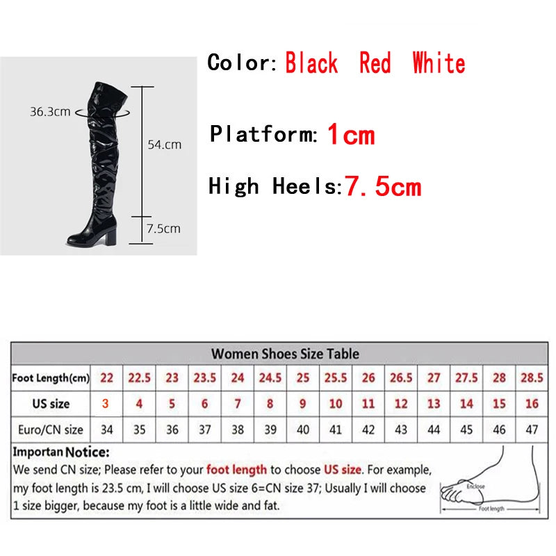 Hlieny 2026 Winter New Thigh High Boots Fashion Patent Leather Round Toe Zip Female Square Heels Pleated Design Women's Shoes Pi-Mart