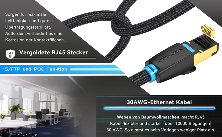 Vention CAT8 Ethernet Cable 40Gbps 2000MHz CAT 8 Networking Cotton Braided Internet Lan Cord for Laptops PS 5 Router RJ45 Cable Pi-Mart