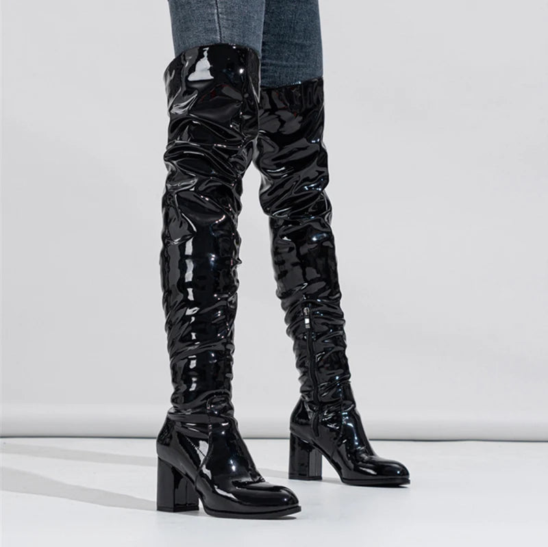 Hlieny 2026 Winter New Thigh High Boots Fashion Patent Leather Round Toe Zip Female Square Heels Pleated Design Women's Shoes Pi-Mart