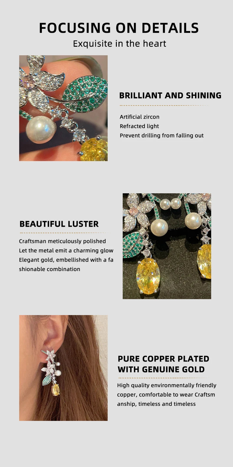 SUYU New Holiday Style Long Vintage Flower Earrings Female Leaf Yellowcrystal Forest Earrings Pi-Mart