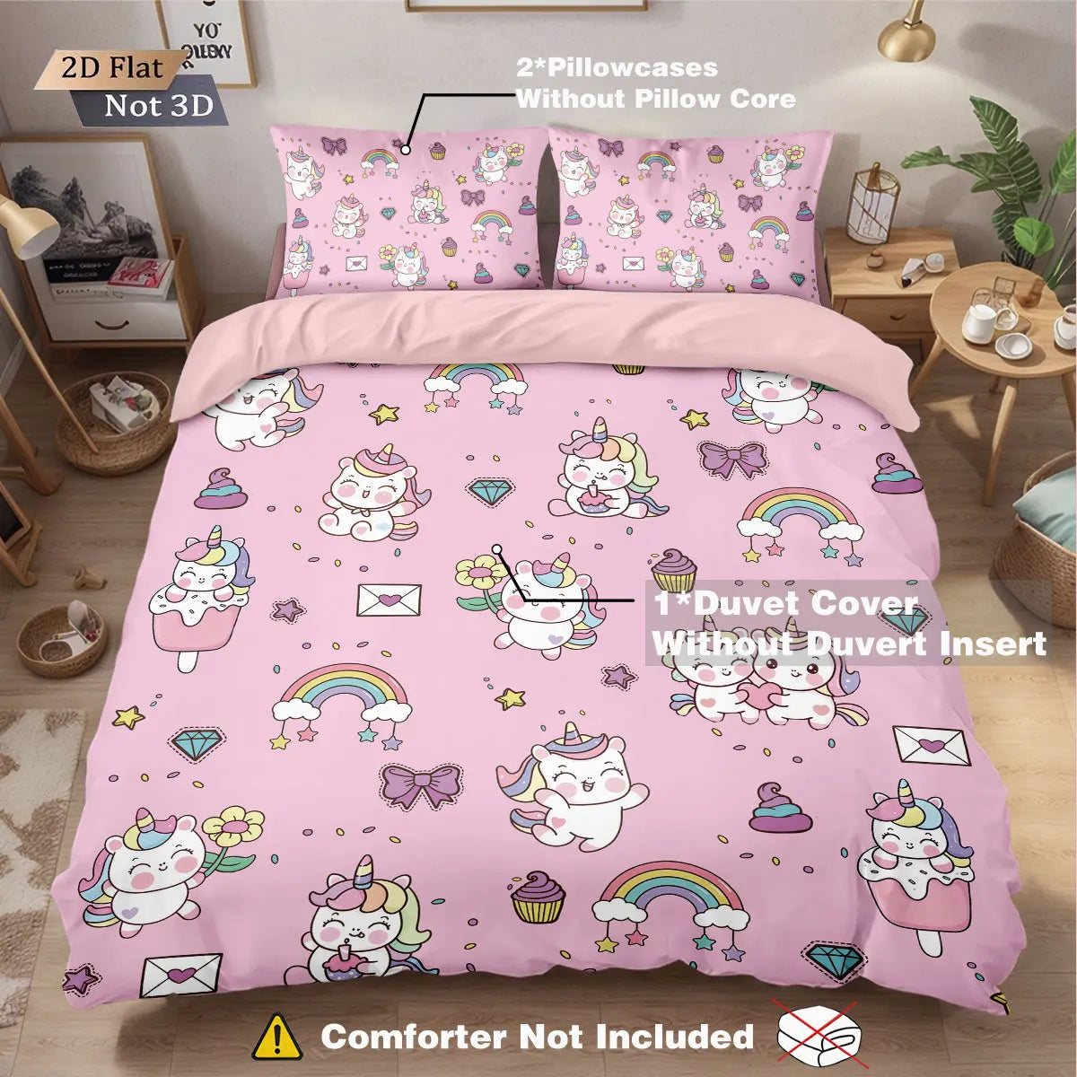3pcs Cartoon Cute Unicorn Printed Coreless Down Duvet Cover Set, Multi Size Bedroom Bedding Decoration, Machine Washable Pi-Mart