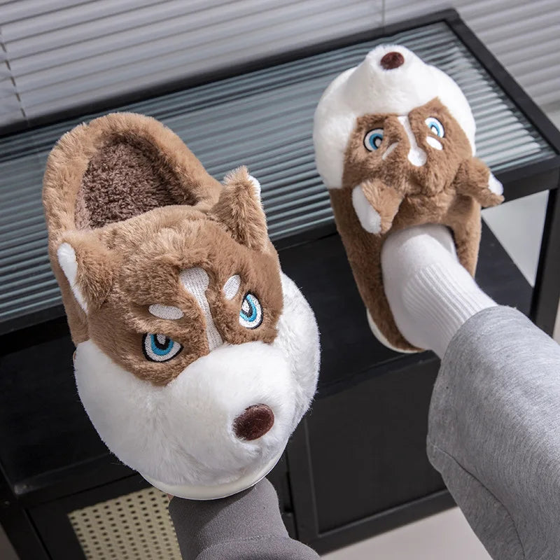 Plus Size 50 Indoor Fluffy Slippers For Women Men Winter Warm Shoes Cute Cartoon Dog Light Weight Couples Home Floor Slipper LadyShow.Store