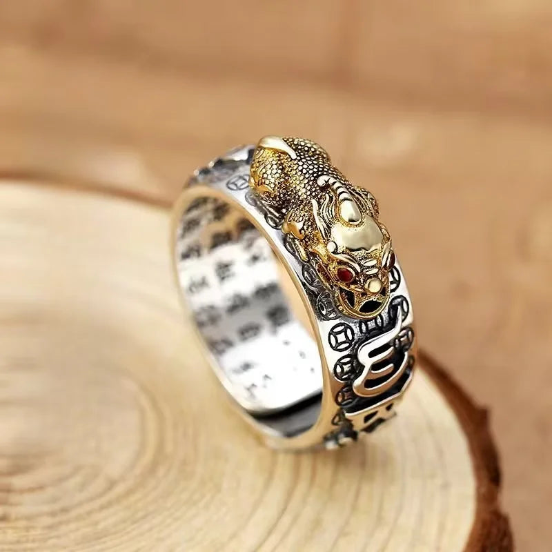 Chinese Feng Shui Pixiu Ring Silver Plated Copper Coins Adjustable Rings for Women Men Amulet Wealth Lucky Jewelry Birthday Gift Pi-Mart