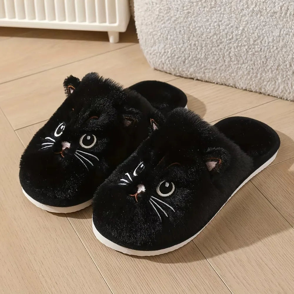 Womens Plush Cat Slippers Winter Warm Cozy Indoor House Shoes Soft EVA Sole Non-Slip Design LadyShow.Store