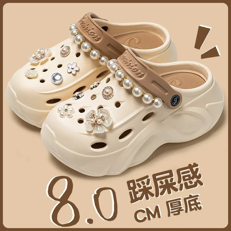 Summer Fashion Pearl Chain DIY Clogs Women 2025 Chunky Platform Slip On Sandals Women Thick Bottom EVA Slippers Shoes Woman Heel LadyShow.Store