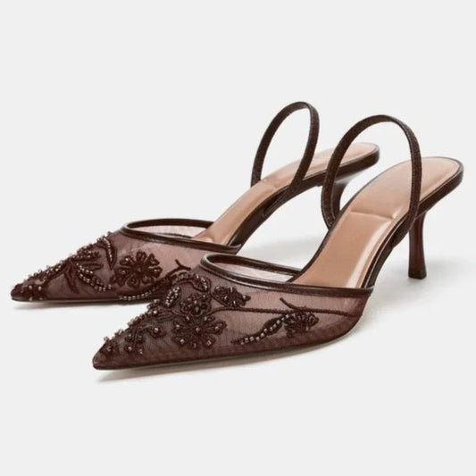 Sexy Pointed Toe Mesh Embroider High Heels for ladies Elegant String Bead pumps Summer Luxury Designer Shoe Brown Heeled Sandals LadyShow.Store