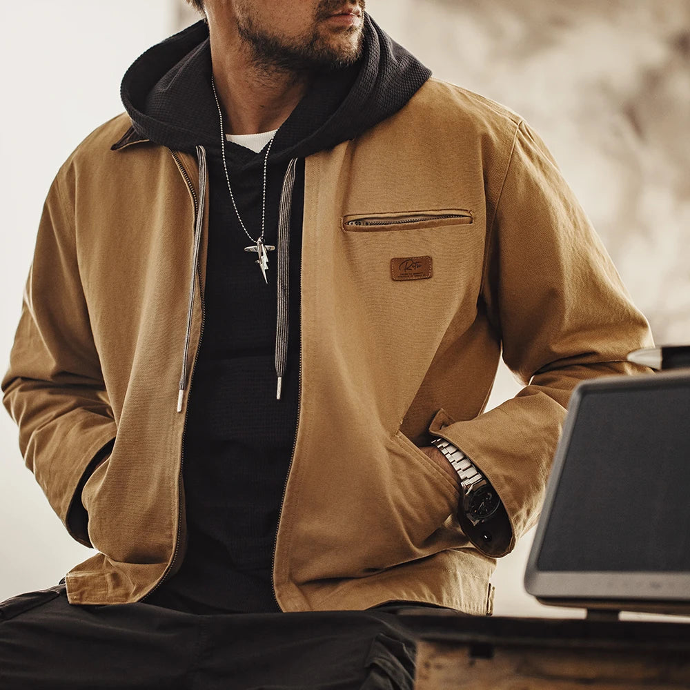 Maden Men's Retro J001 Detroit Jacket Heavyweight Canvas Hunting Coat Lapel Collar Work Jackets with Zipper for Spring Fall Pi-Mart