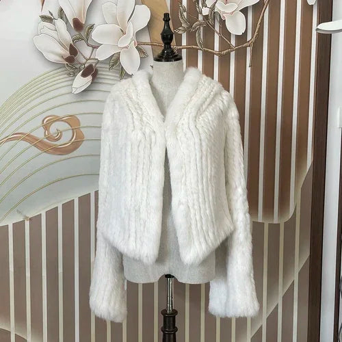 Real Rabbit Fur Hooded Coat Long Sleeve Women Casual Loose Knitted Genuine Fur Jacket With Hood Female Natural Fur Outwear LadyShow.Store