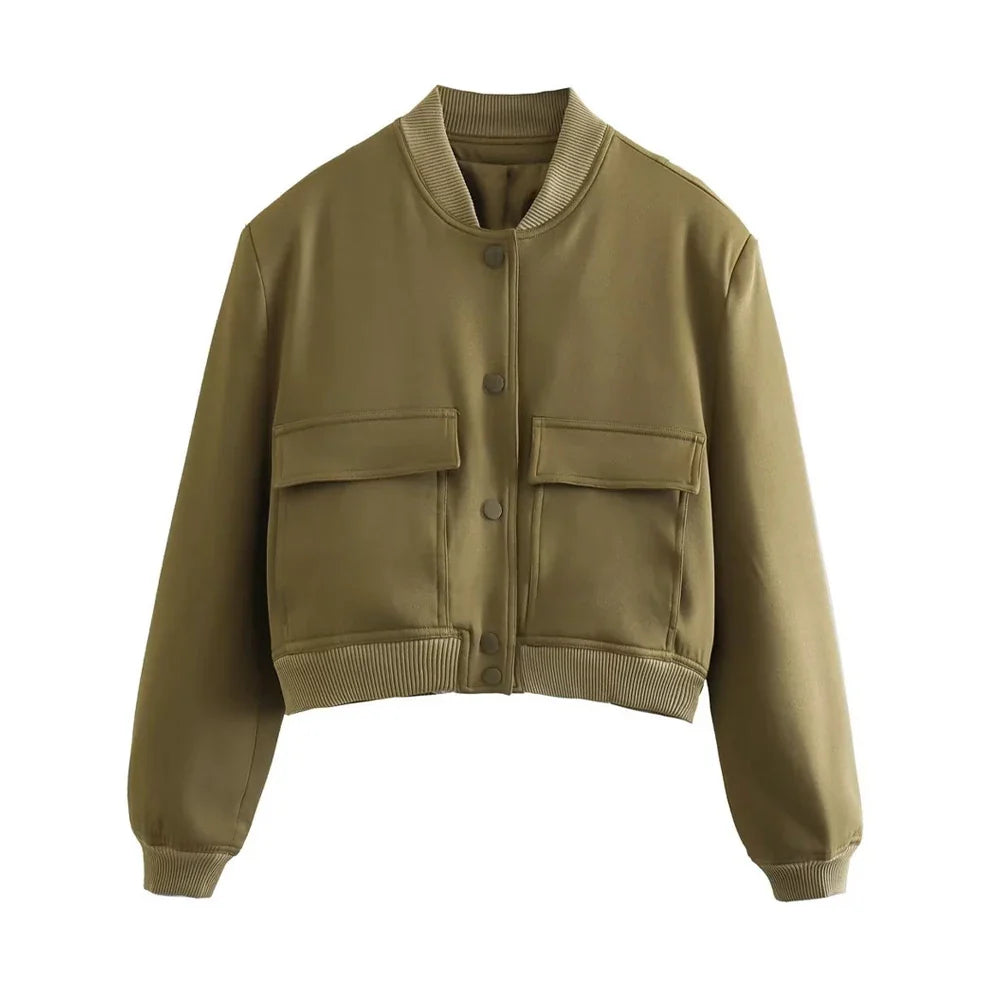 Women Fashion With Pockets Bomber Jacket Coats Vintage Long Sleeve Front Button Casual Female Outerwear Chic Tops LadyShow.Store