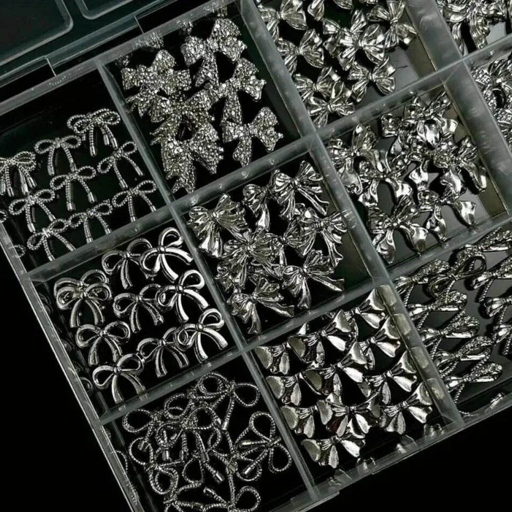 120Pcs/Box 3D Silver Exquisite Bowknot Nail Charms Simple Alloy Ribbon Bowtie Nail Art Decorations DIY Luxury Manicure Accessory Pi-Mart