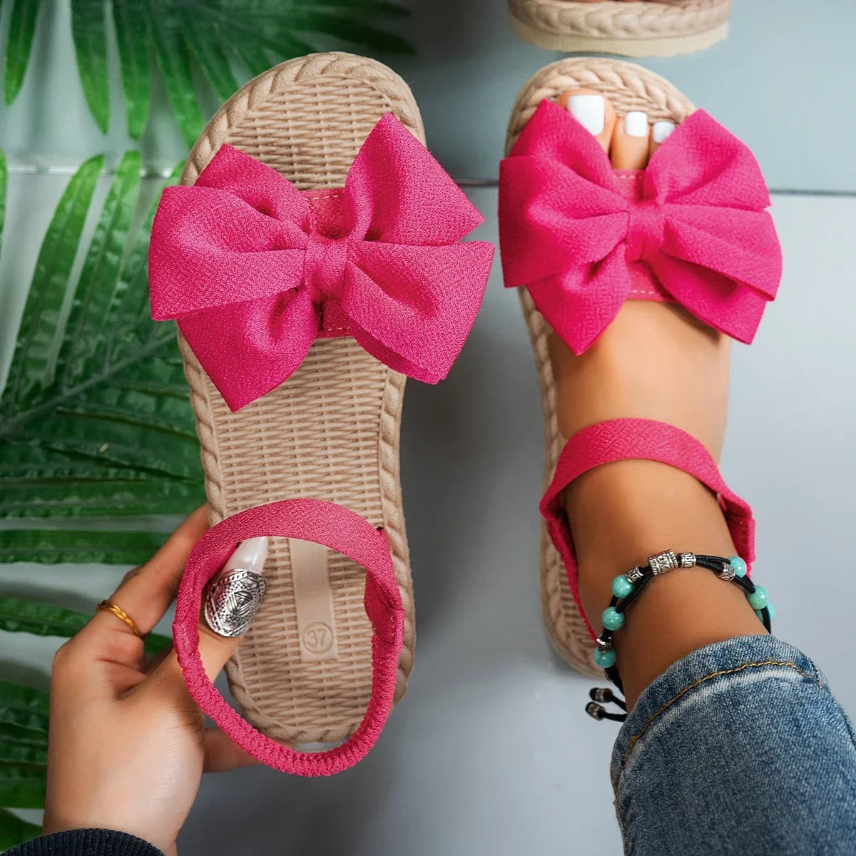 Women Sandals 2024 New Summer Lightweight Sandals Fashion Beach Casual Slippers Outdoor Bow Tie Flat Shoes Home Slides Women LadyShow.Store