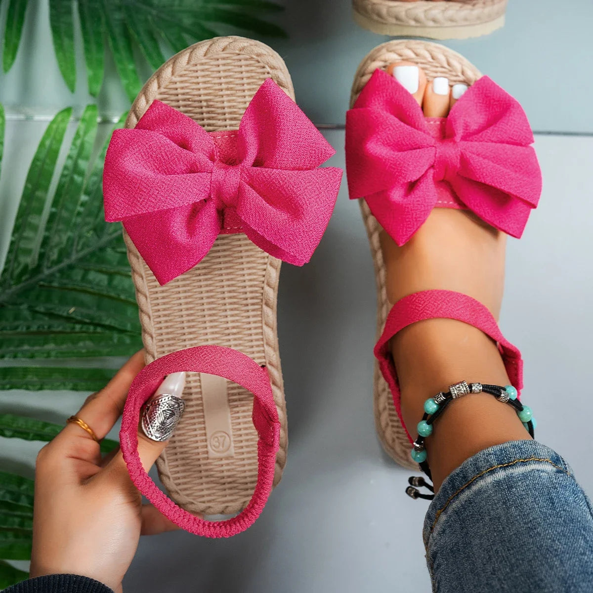 Women Sandals 2024 New Summer Lightweight Sandals Fashion Beach Casual Slippers Outdoor Bow Tie Flat Shoes Home Slides Women Pi-Mart
