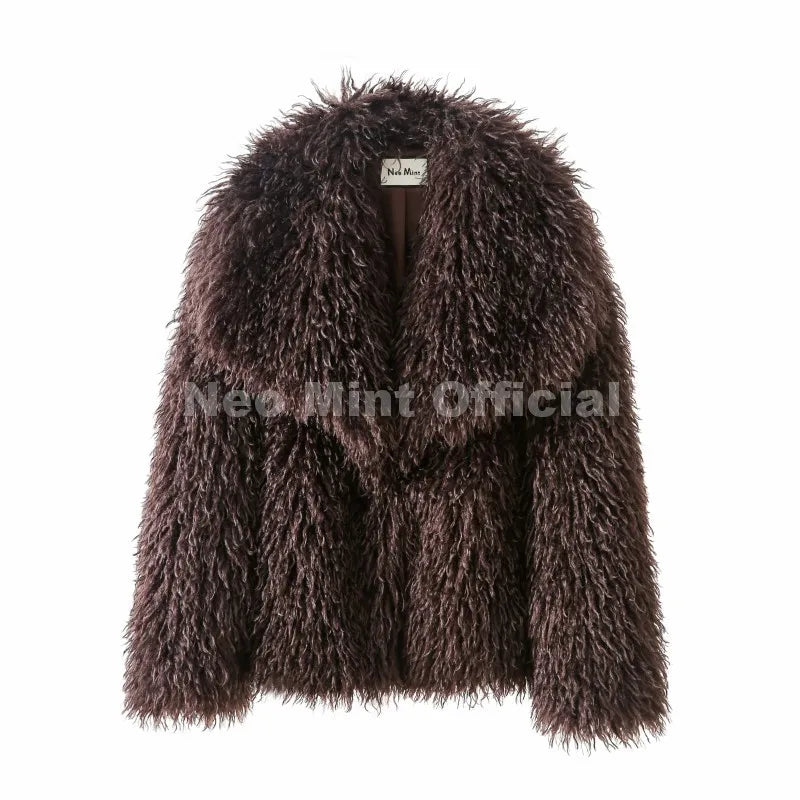 Neo Mint 2025 Winter Lulicore Fashion Brown Faux Fur Coat Women Chic Autumn Warm Fluffy Sheep Fur Jacket Big Fur Collar Overcoat LadyShow.Store