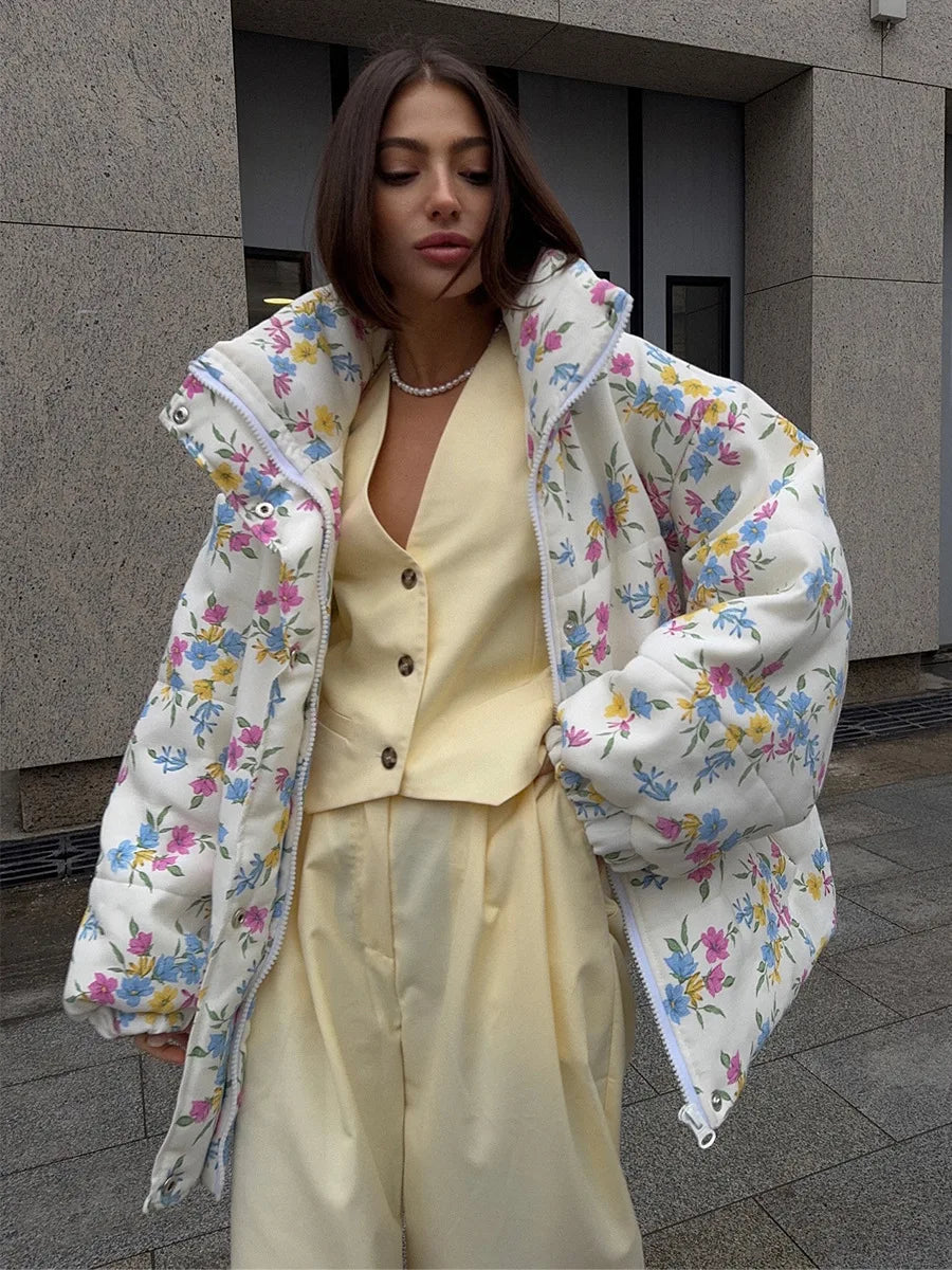 Bornladies New Women's Puffer Jacket Stand Up Collar Zipper Closure Floral Print Warm Cotton Filled Coat Oversized Autumn Winter LadyShow.Store