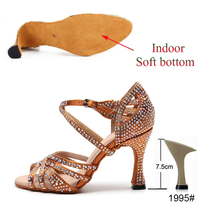Latin Dance Shoes Ladies Salsa Tango Sneakers Training Dance Shoes High Heel Sandals Summer Square Dance Shoes Bronze Black LadyShow.Store