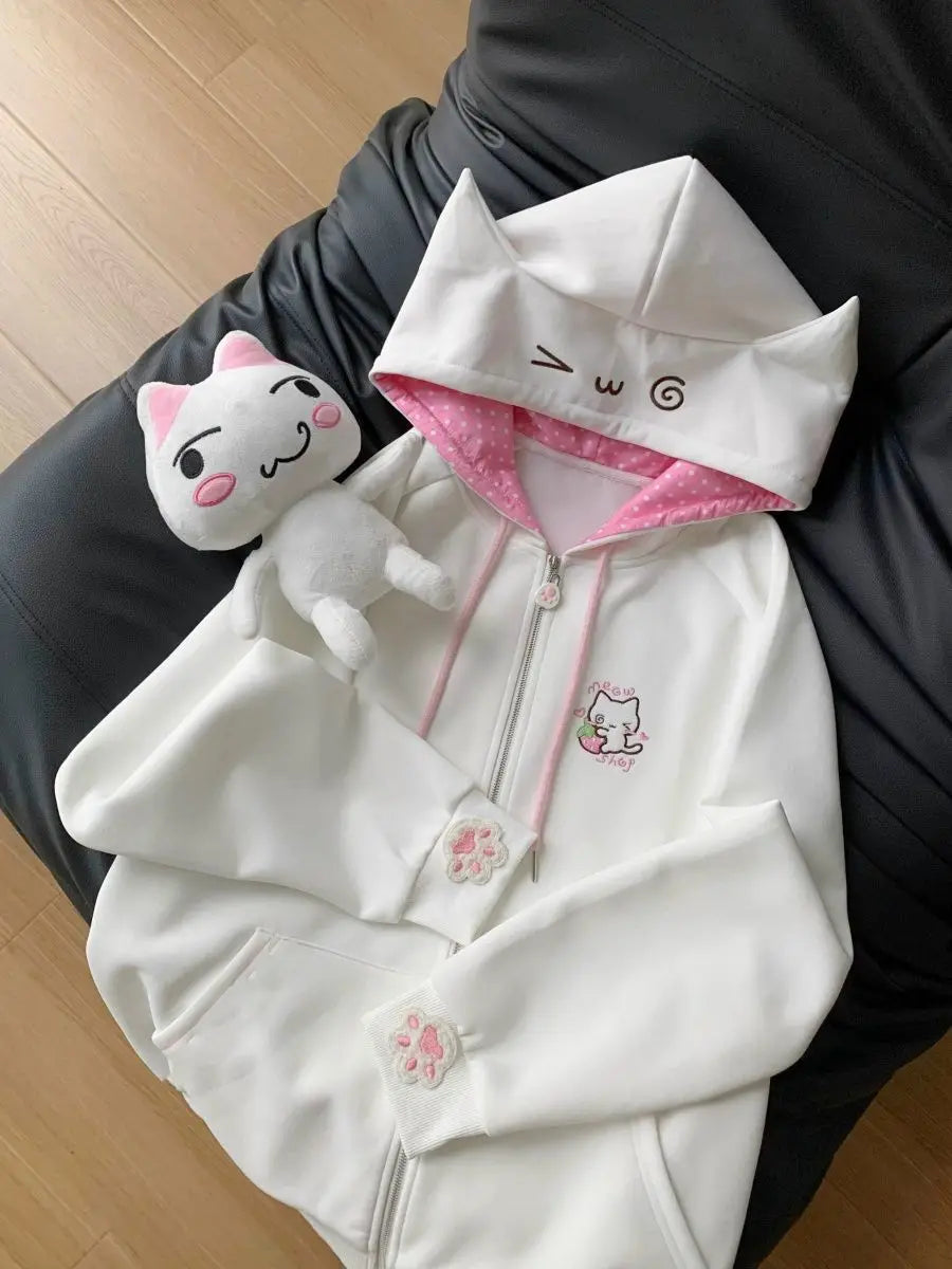 Subculture Japanese Retro Long Sleeve Hoodie Cat Ears Lace Decoration Women Casual Sweatshirt Gothic Y2K Harajuku Autumn Coat LadyShow.Store