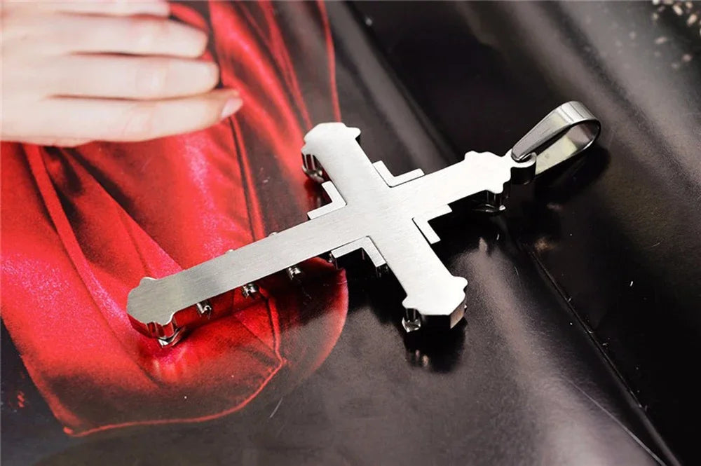 2024 New Male Crystal Cross Jesus Pendant Gold/Black/Blue Color Zirconia Cross Pendant Necklace Stainless Steel Jewelry Pi-Mart